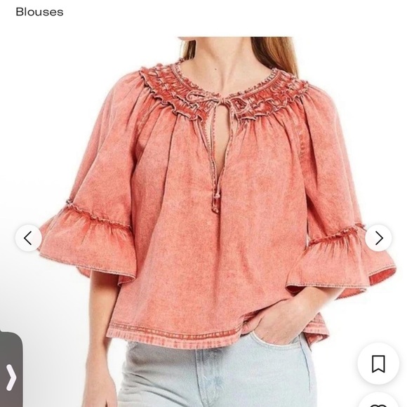 FREE PEOPLE CORAL RUFFLE BLOUSE WITH TIE FRONT! Size S - Picture 3 of 3
